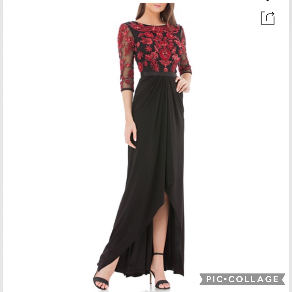 Js Collection embellished bodice 3/4 sleeves gown in red and black